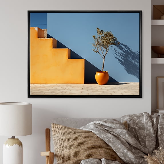 Designart "Harmonious Void In Yellow And Blue Minimalism" Minimalism Floater Framed Wall Art Living Room