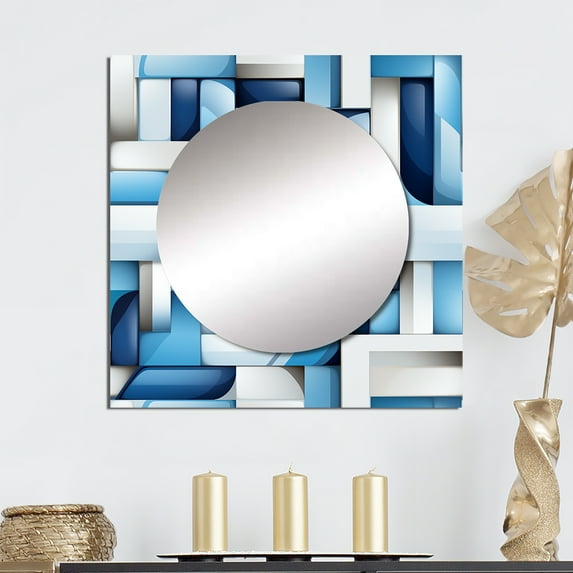 Designart "Harmonious White and Blue Geometric Blocks II" 0 Square Mirror For Wall Decor - Large Blue Square Mirror Printed Wall Decor - Modern Square Living Room Mirror