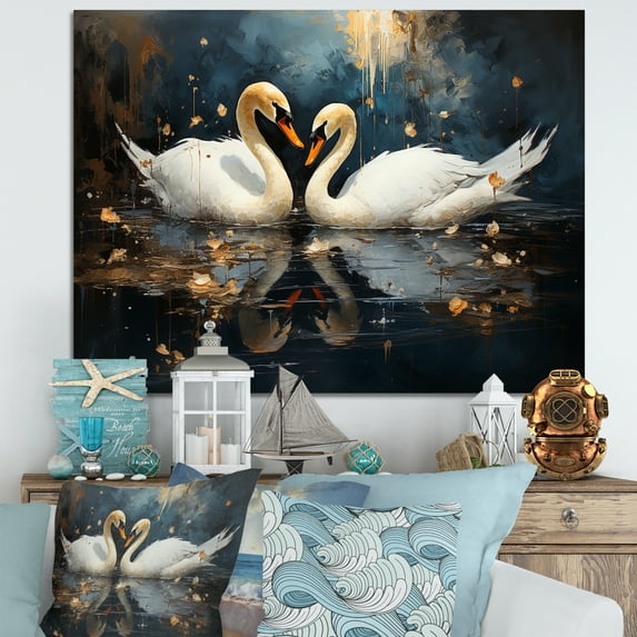 Designart "Harmonious White Swans by Moonlight III" Animals Wall Art - Modern Farmhouse White Swans Hallway Wall Art Decor
