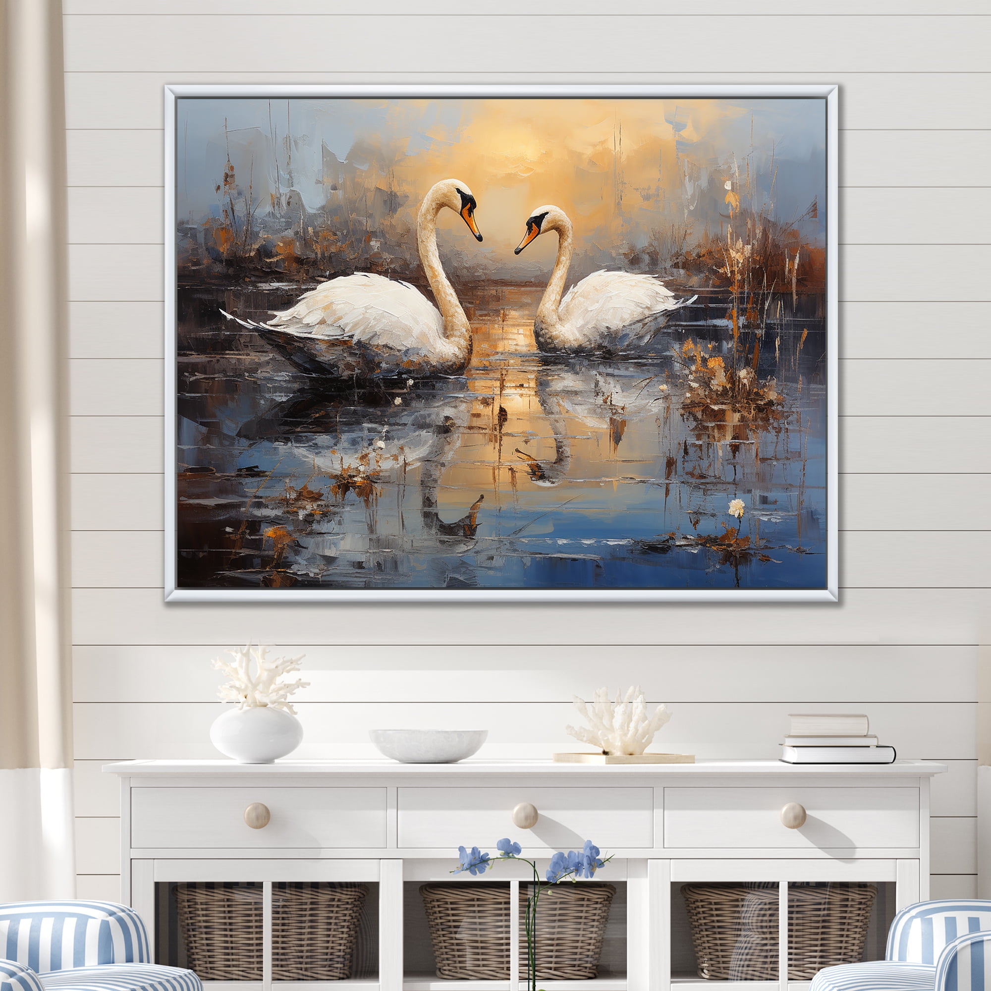 Designart "Harmonious White Swans by Moonlight V" Animals Framed Wall