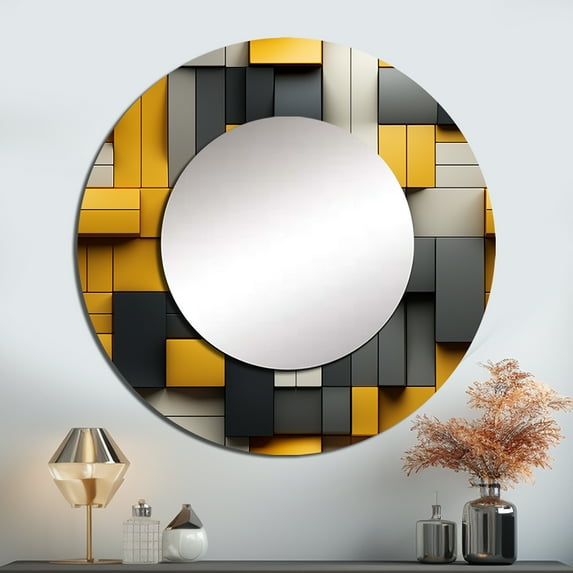Designart "Harmonious Yellow and Grey Geometric Blocks I" Geometric Rund Mirror For Wall Decor - Large Yellow Round Print Mirror - Round Modern Mirror - Wall Mounted Round Large Mirror - 29" x 29"
