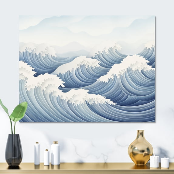 Designart "Harmonious blue waves Tides In White and Blue"Geometric Metal Wall Art White Modern Office Room Wall Art