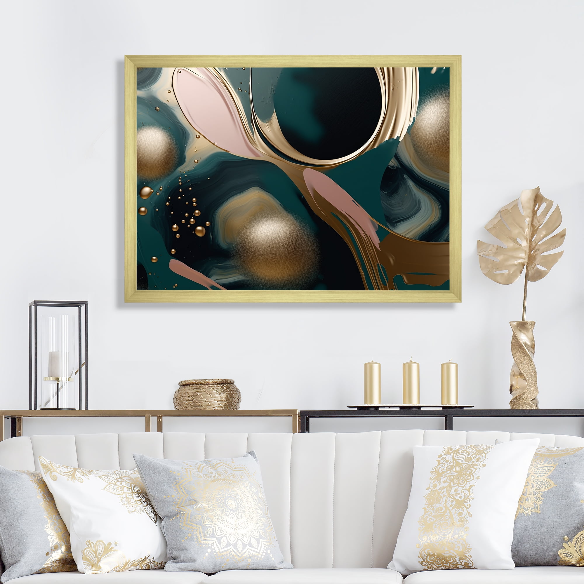 Designart "Harmony in Abstract Liquid Ink Gold and Green" Abstract
