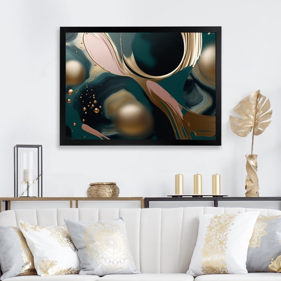 Designart "Harmony in Abstract Liquid Ink Gold and Green" Abstract Framed Wall Art Decor - Modern Gold Abstract Liquid Ink Hallway Framed Wall Art Decor