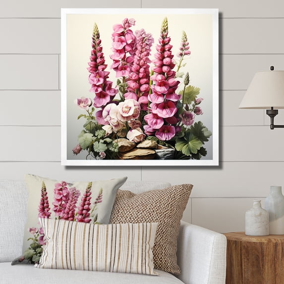 Designart "Harmony Aesthetic Stone Ensemble with Pink Foxglove I" Floral Framed Wall Art Decor - Traditional Pink Foxglove Hallway Framed Wall Art Decor