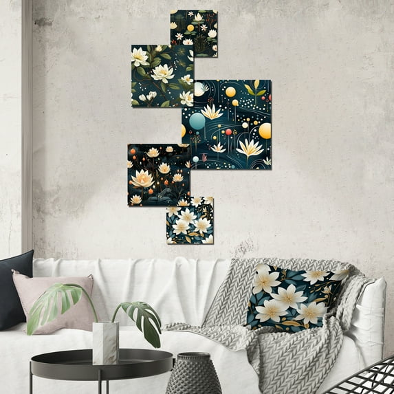 Designart "Harmony Amidst White Zen Floral Lotus" Floral Wall Art Set Of 5 - White Cottage Hallway Metal Art Print Set