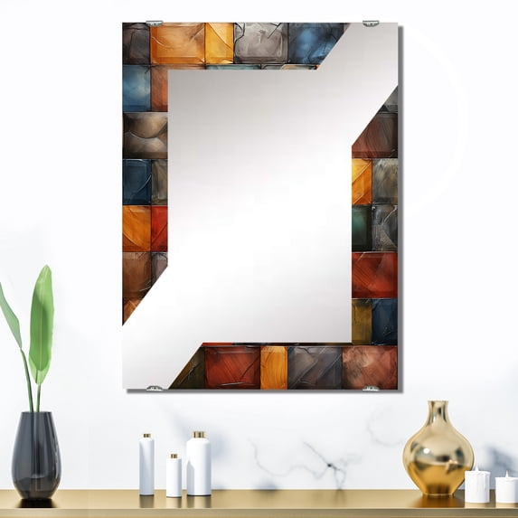 Designart "Harmony of Geometric Brown Abstract Tiles I" Abstract Tile Oversized Wall Mirror - Modern Abstract Hallway Decorative Wall Mirrors - Multiple Color Options