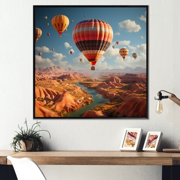 Designart "Harmony In Skies: Balloon Voyage II" Hot Air Balloon Floater Framed Canvas Art Print