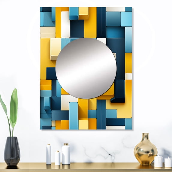 Designart "Harmony In Yellow And Blue Geometric Blocks" Geometric Mirror Wall Decor - Modern Green Geometric Hallway Wall Mirror Art - 32" x 24" Inch