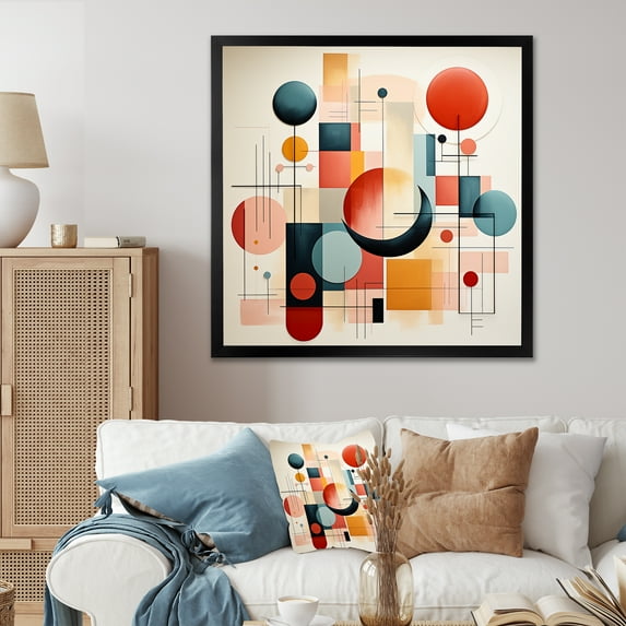 Designart "Harmony of Mid-Century Squares and Shapes I" Abstract Framed Wall Art Decor - Modern Colorful Abstract Modern Shapes Bedroom Framed Canvas Wall Art