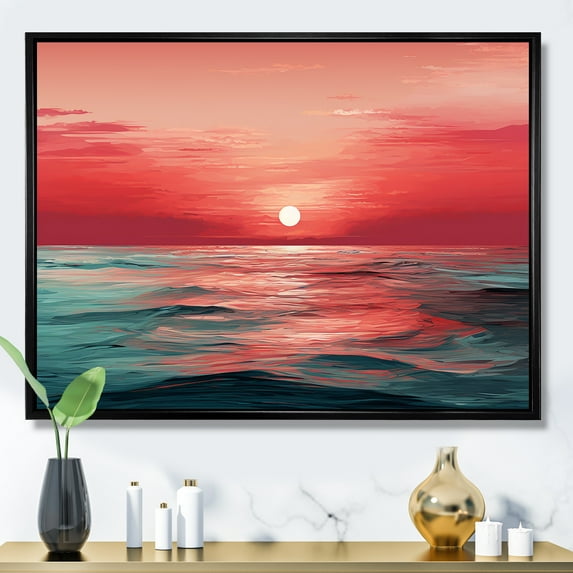 Designart "Harmony Of Crimson Horizon In Red And Blue" Abstract Impressionism Floater Framed Wall Art Living Room