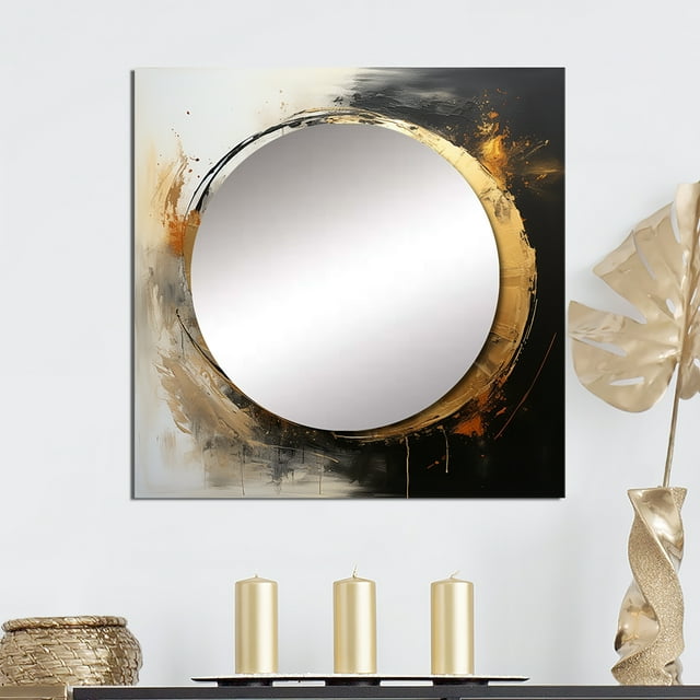 Designart "Harmony Of Yin And Yang Transcendent Gold And Black" Abstract Painting Square Mirror Wall Decor Modern - Large Gold Square Bathroom Mirror - Square Printed Wall Mirror Art