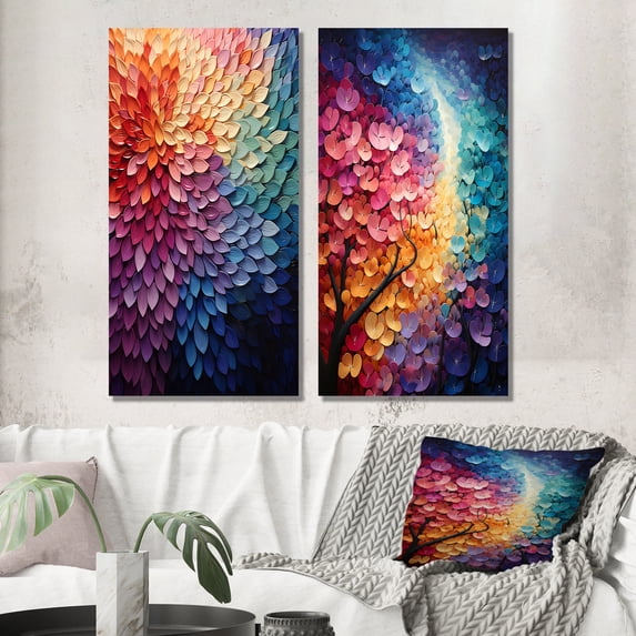 Designart "Harmony in the Colorful Forest II" Pointillism Wall Art Set Of 2 - Multi-Color Abstract Canvas Set For Living Room Decor