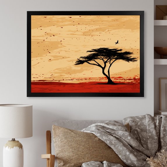 Designart "Harmony of African Trees I" Floral Framed Wall Art Decor - Global Orange Tree African Entryway Framed Wall Art Print