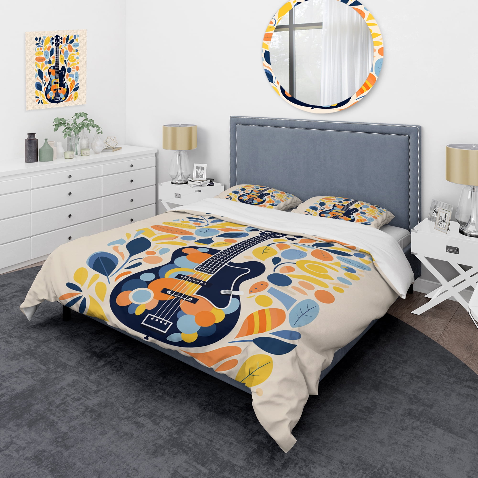 Twin Yellow and Blue Microfiber Guitar Duvet Cover Set