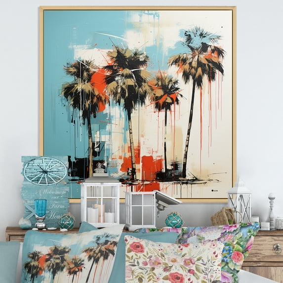 Designart "Harmony of Blue and Black Florida Palm Trees" Landscapes Framed Wall Art - Blue Florida Entryway Framed Wall Art Print