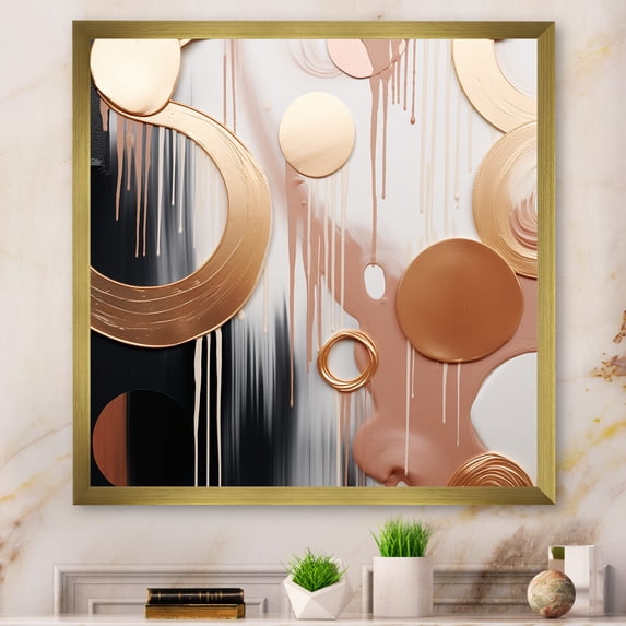Designart "Harmony of Gold and White Abstract Shapes V" Abstract Framed Wall Art Decor - Modern Gold Abstract Shapes Entryway Framed Wall Art