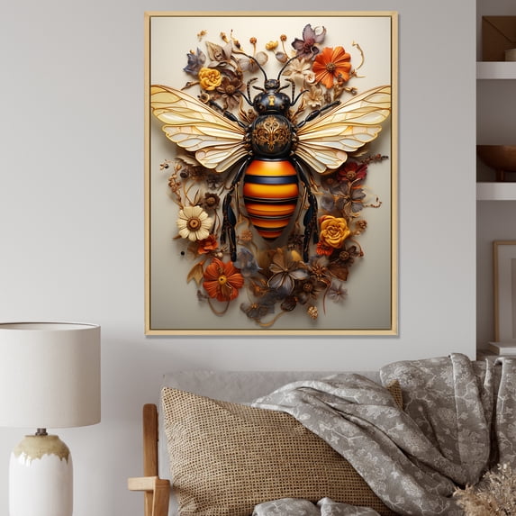 Designart "Harmony of Vintage Floral Wasps I" Animals Framed Wall Art - Modern Yellow Insects & Bugs Entryway Framed Wall Art Print