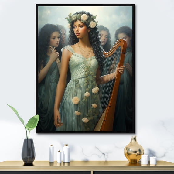 Designart "Harp Performance in Classical Music" Music Framed Wall Art - Vintage Blue Music Entryway Framed Wall Art Print