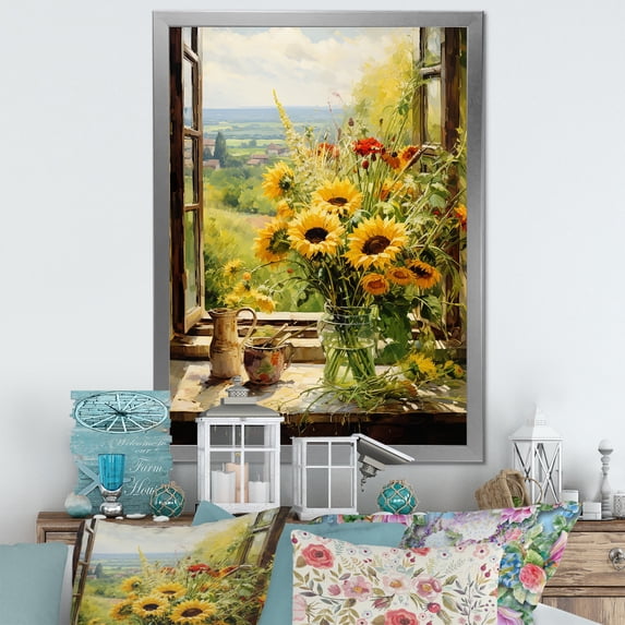 Designart "Harvest Floral View at Farm Windows II" Farm Framed Wall Art - Country Yellow Farm Windows Hallway Framed Wall Art Decor
