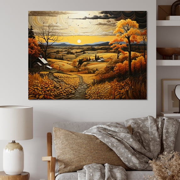 Designart "Harvest Pastoral Farm Golden wall decor III" Landscapes Canvas Art Print