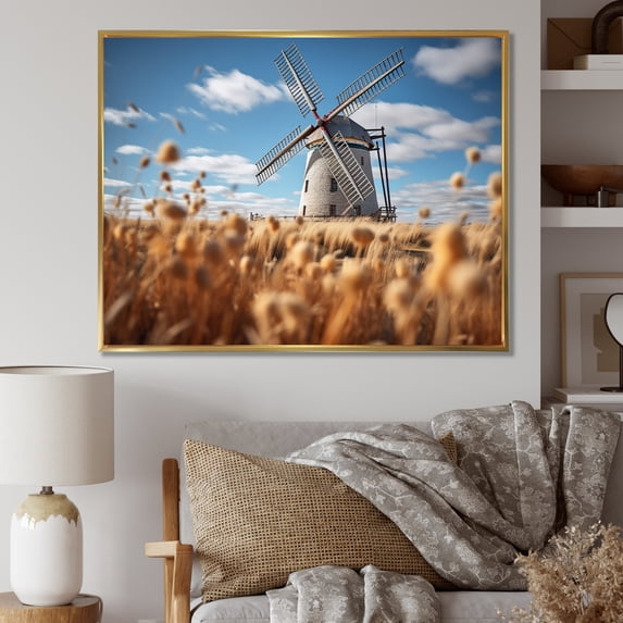 Designart "Harvest in Holland Orange Blue Mills II" Mills Floater Framed Canvas Wall Art