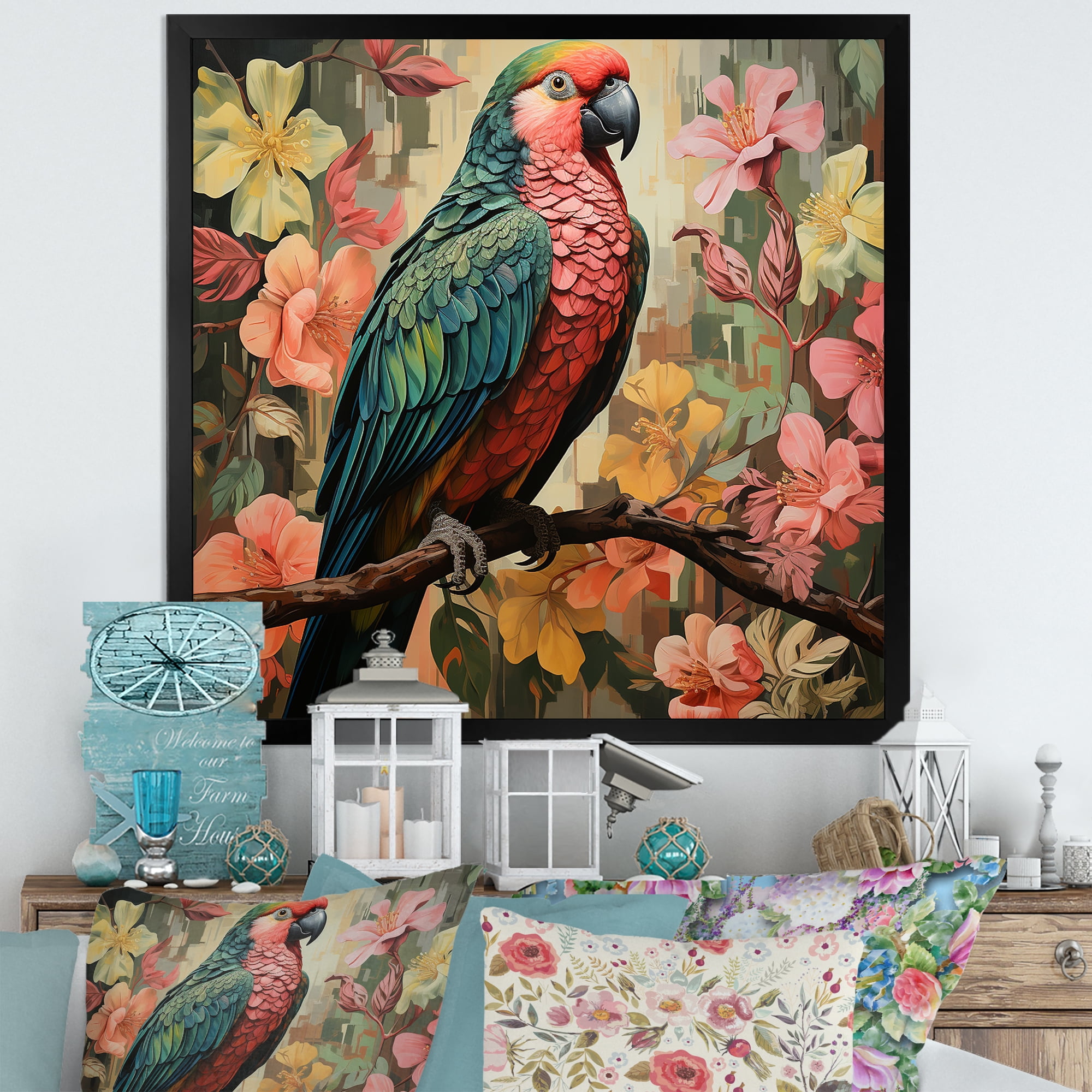 Designart "Hawk in Blue and Pink Tropical Tree II" Animals Framed Wall