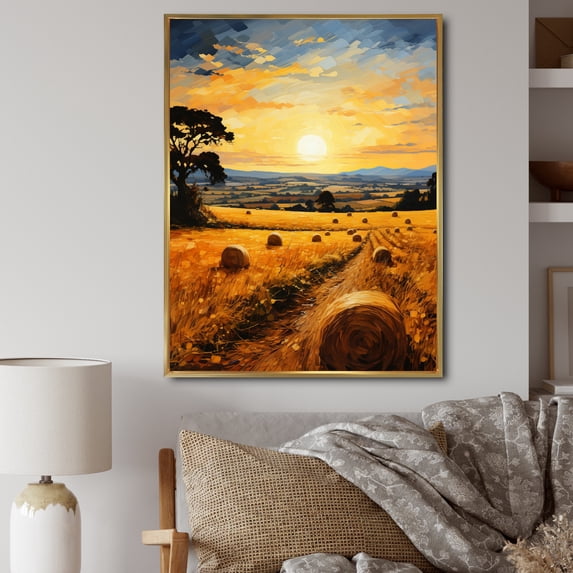 Designart "Hay Bales Countryside Golden painting I" Landscape & Nature Floater Framed Canvas Print