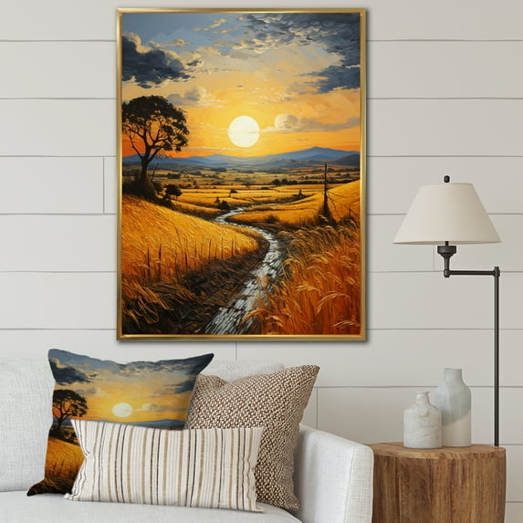 Designart "Hay Bales Countryside Golden painting II" Landscape & Nature Floater Framed Canvas Print