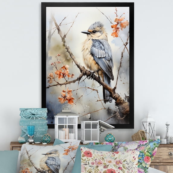 Designart "Hazy Azure Avian On Twig I" Animals Bird Picture Framed Canvas Wall Art