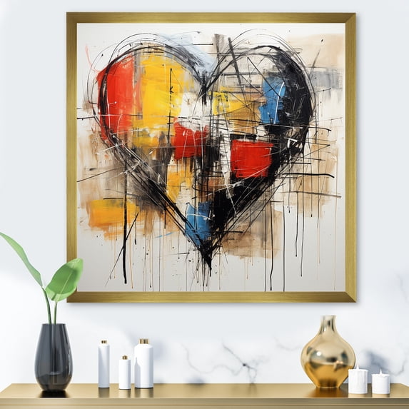 Designart "Heart Abstract Collages in Pop Art" Abstract Framed Wall Art Decor - Modern Red Abstract Collages Hallway Framed Wall Art Decor