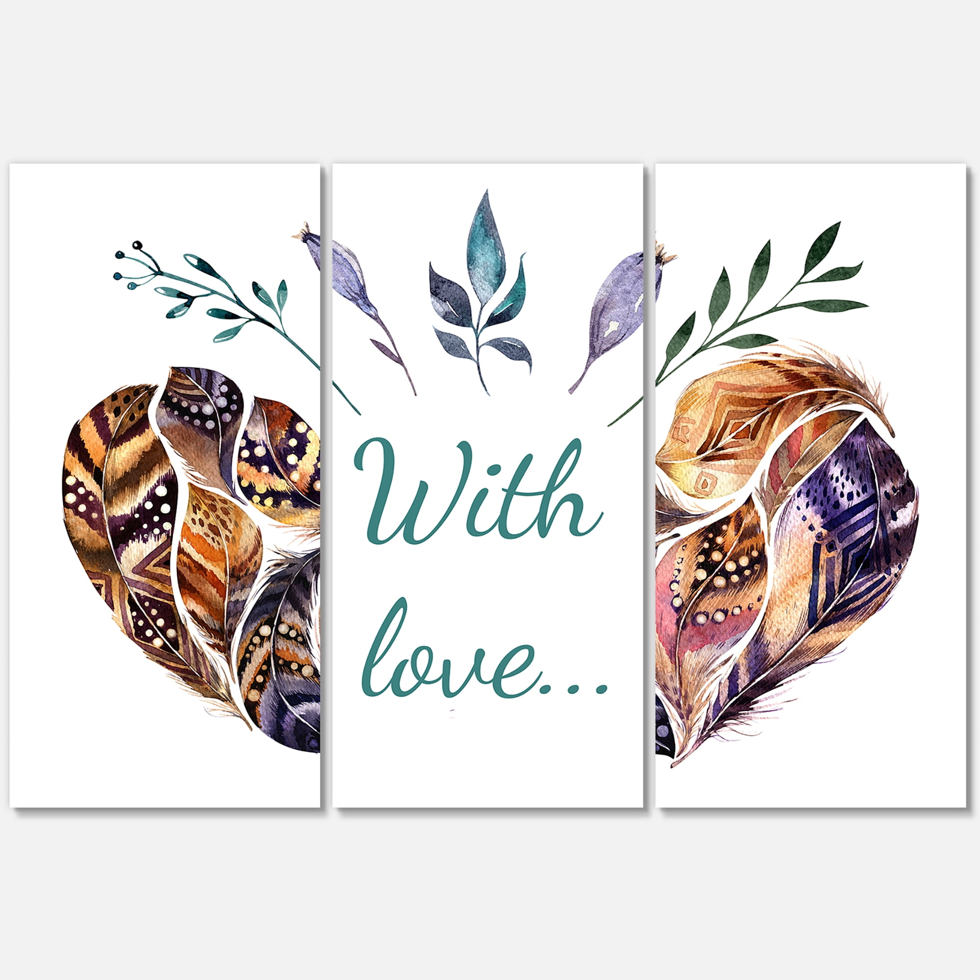 Designart ' Hearted Shaped Feathers With Love ' Traditional Canvas Wall Art Print
