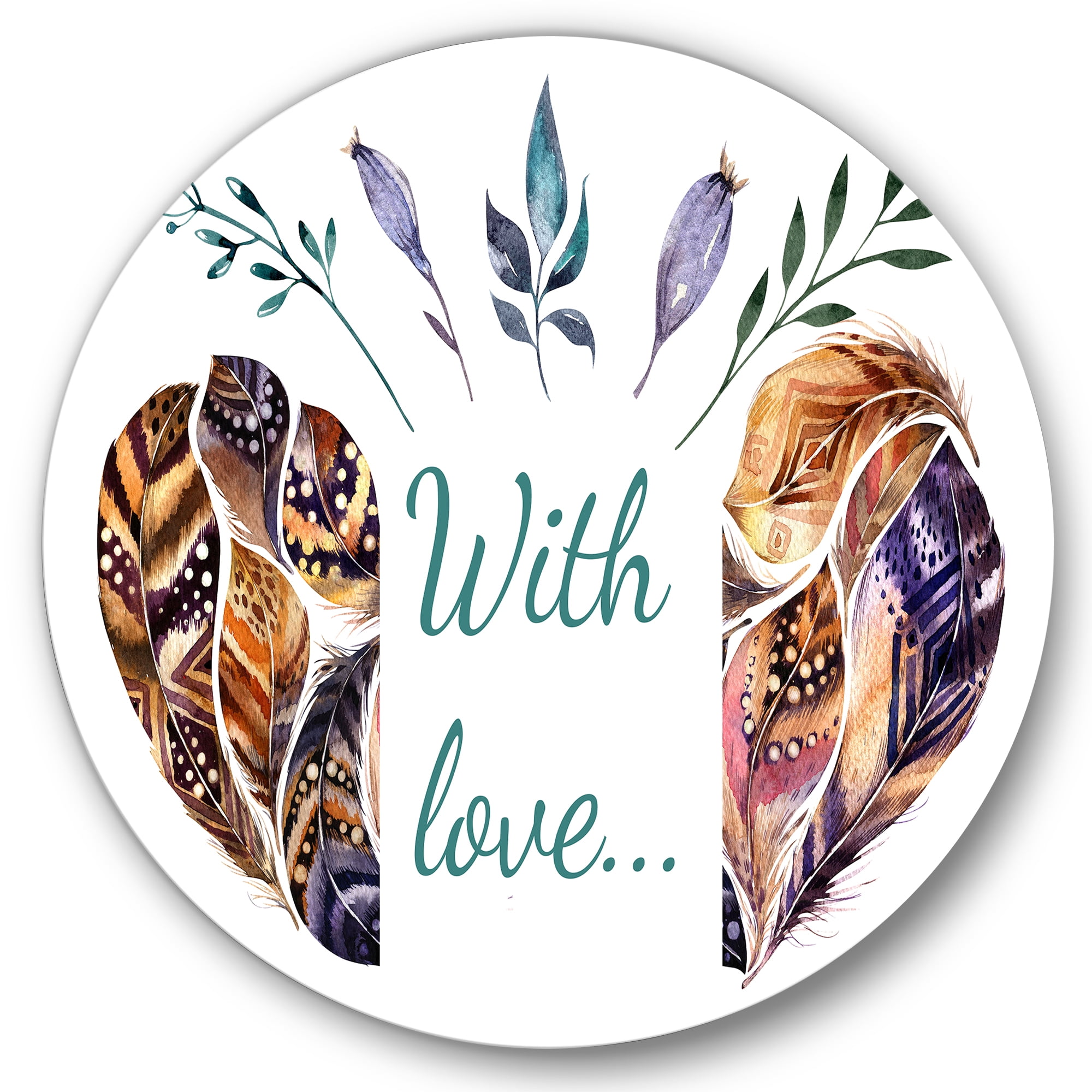 Designart 'Hearted Shaped Feathers With Love' Traditional Circle Metal Wall Art 11x11 - Disc of 11