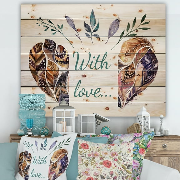 Designart 'Hearted Shaped Feathers With Love' Traditional Print on Natural Pine Wood