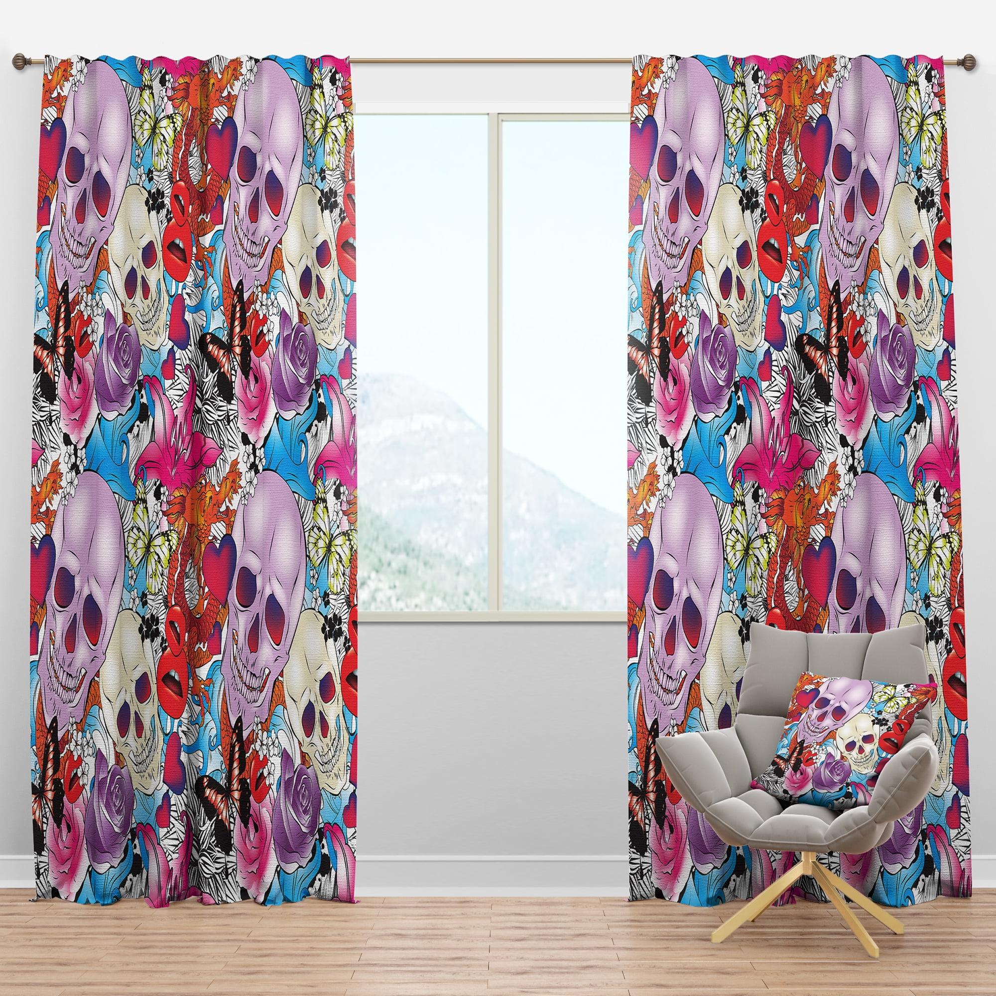 Designart 'Hearts, Skulls and Flowers With Pattern' Bohemian & Eclectic Blackout Curtain Panel