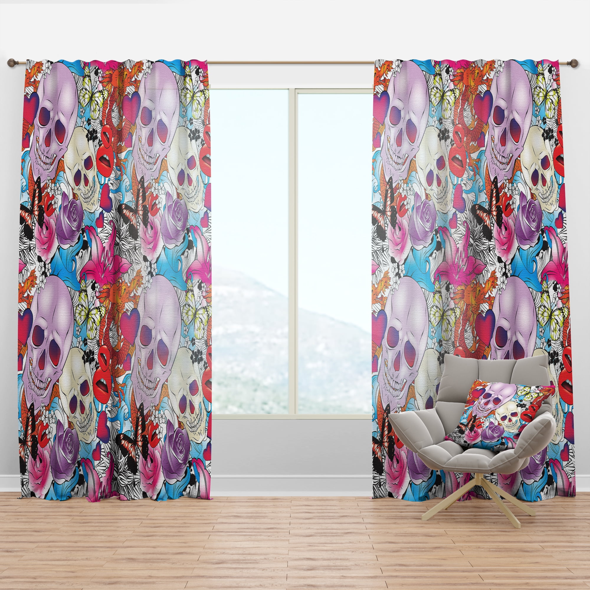 Designart 'Hearts, Skulls and Flowers With Pattern' Bohemian & Eclectic Curtain Panel