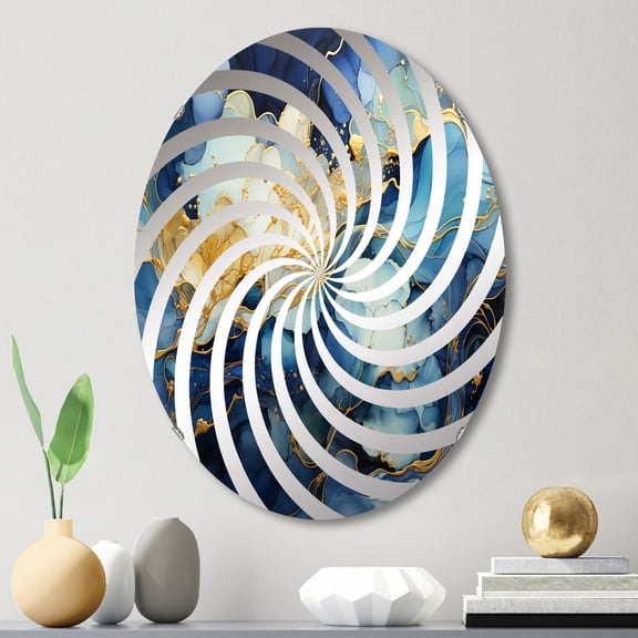 Designart "Heavenly Blue White Sky Art I" Abstract Liquid Ink Vortex Round Wall Mirror - Abstract Oval Printed Decorative Mirror - Multiple Color Options