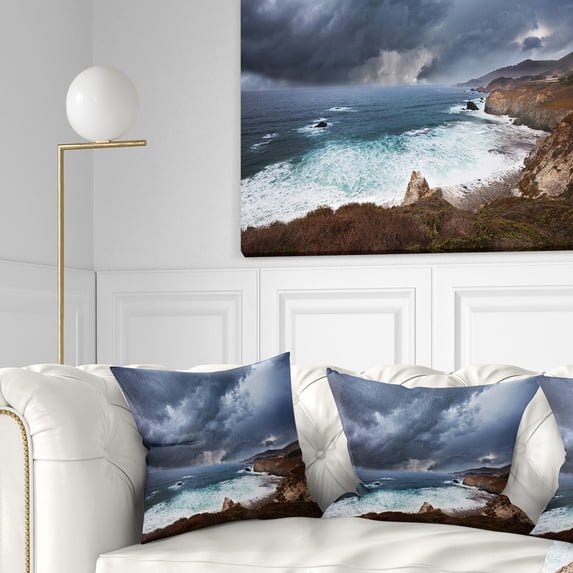 Designart Heavy Blue Clouds and Waves - Modern Beach Throw Pillow - 18x18