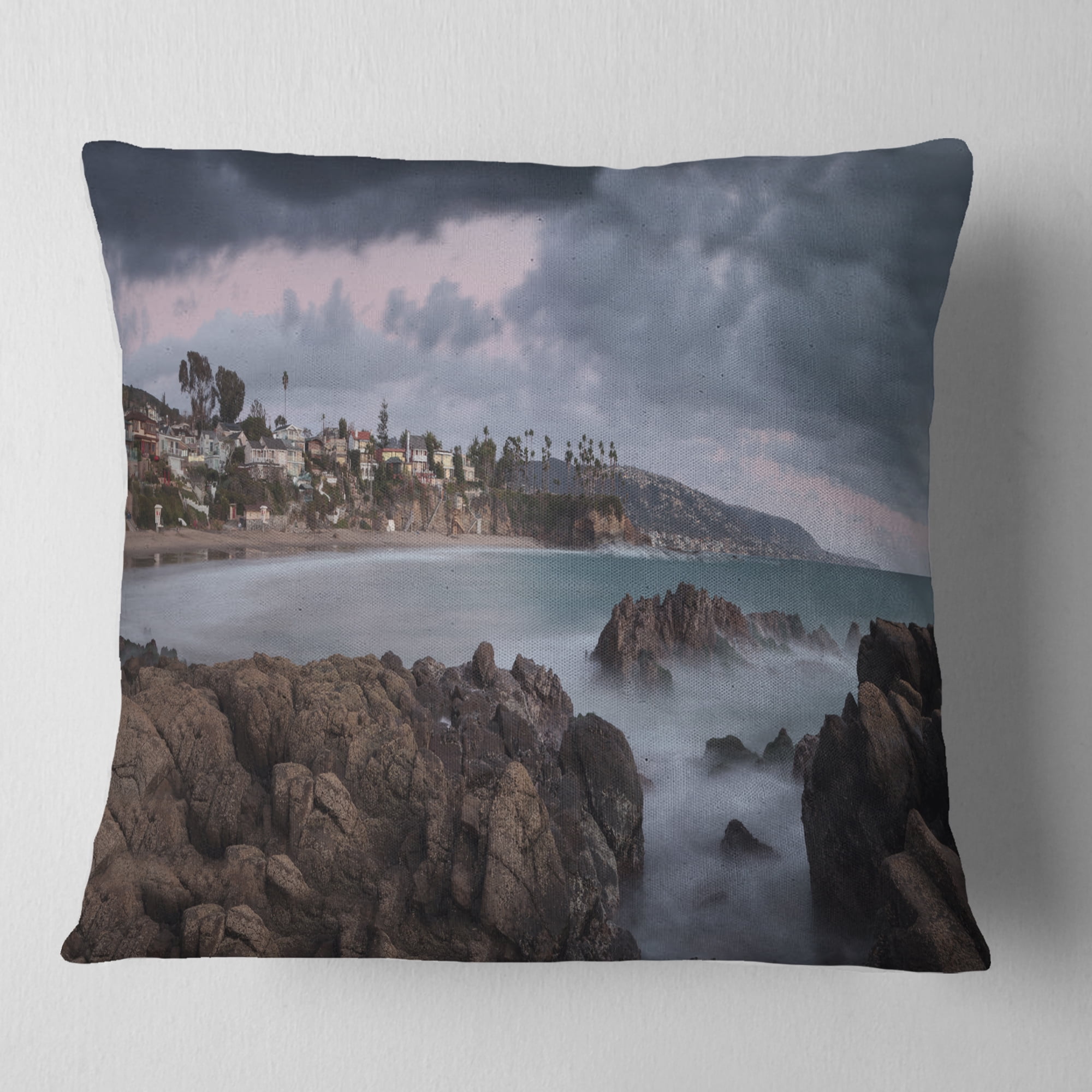 Designart Heavy Rain Clouds Over Crescent Bay - Landscape Wall Throw Pillow - 18x18