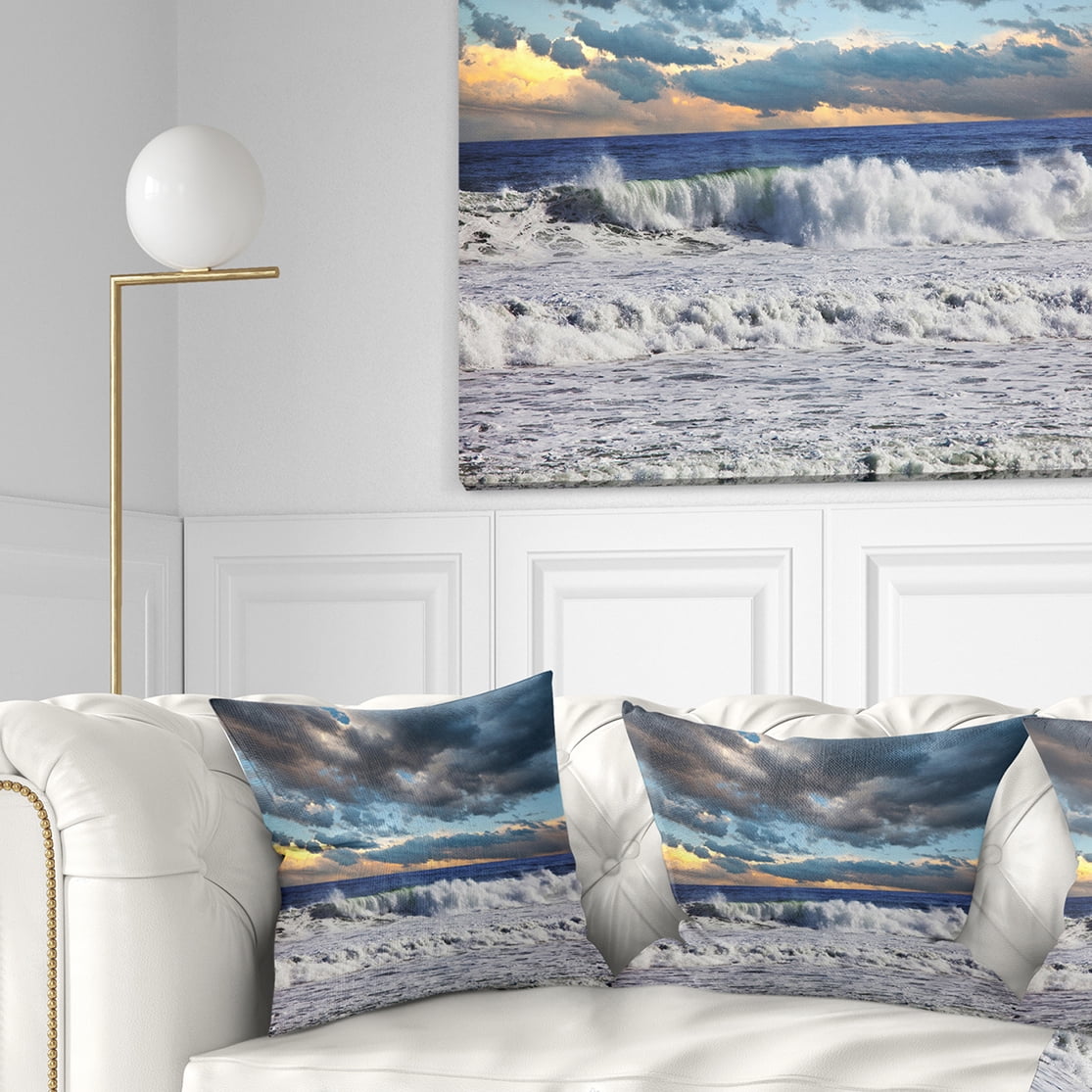 Designart Heavy Storm in Ocean at Sunset - Modern Beach Throw Pillow - 16x16