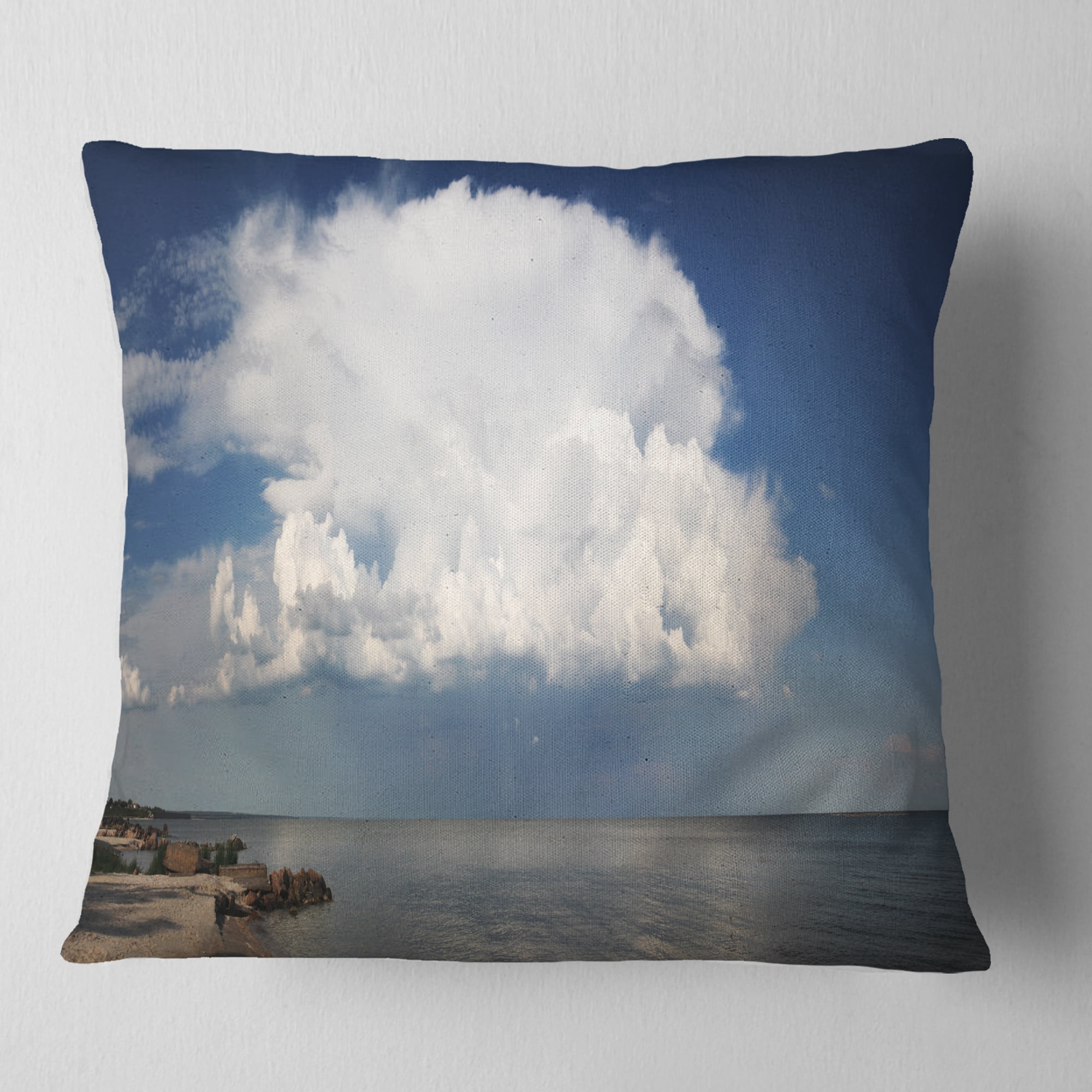 Designart Heavy White Cloud above Sea - Contemporary Landscape Printed Throw Pillow - 18x18