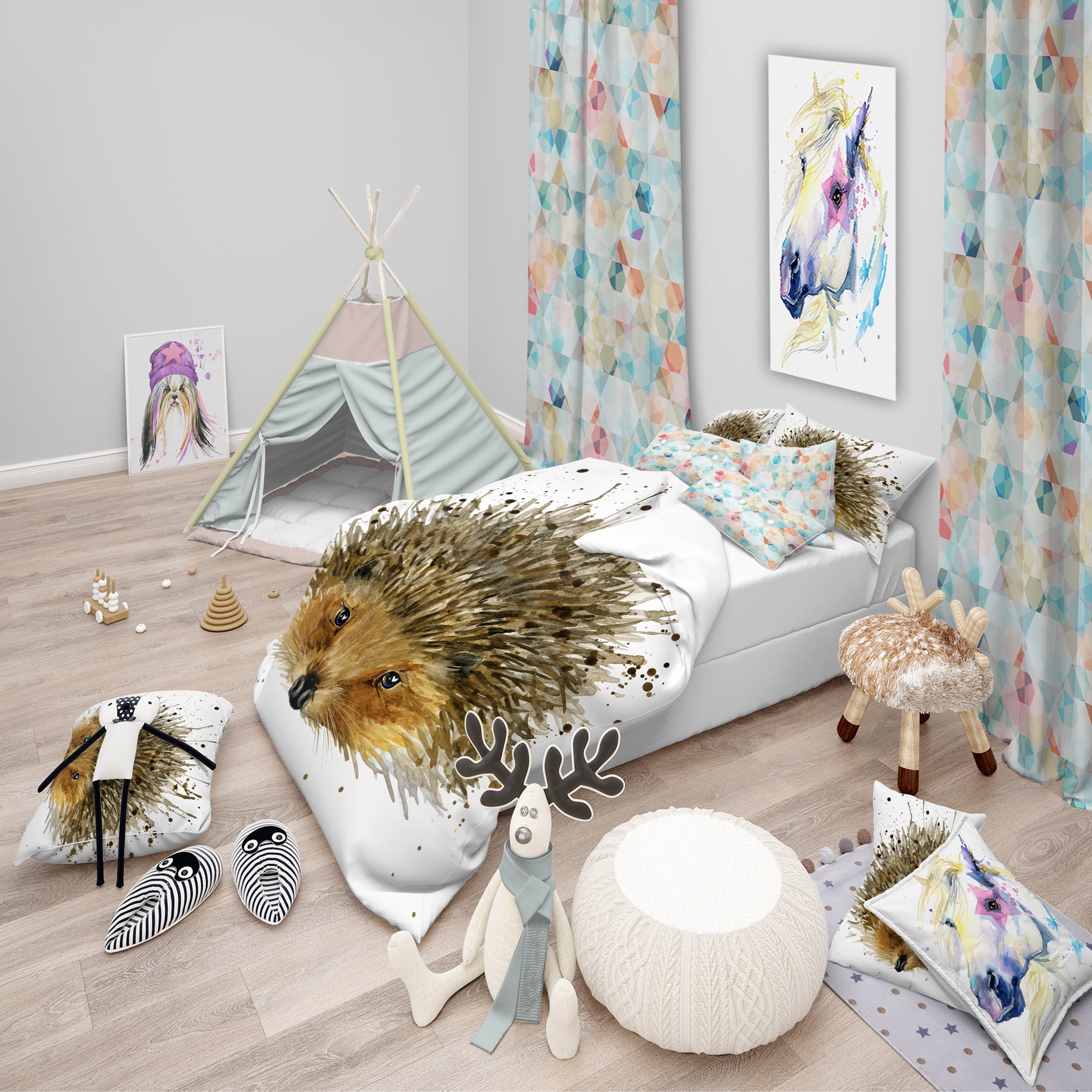 Designart 'Hedgehog Illustration Watercolor' Modern & Contemporary Duvet Cover Set