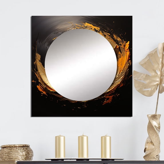 Designart "Helical Antique Gold Artwork On Black IV" Abstract Spirals Square Mirror Wall Decor Transitional - Large Gold Square Bathroom Mirror - Square Printed Wall Mirror Art