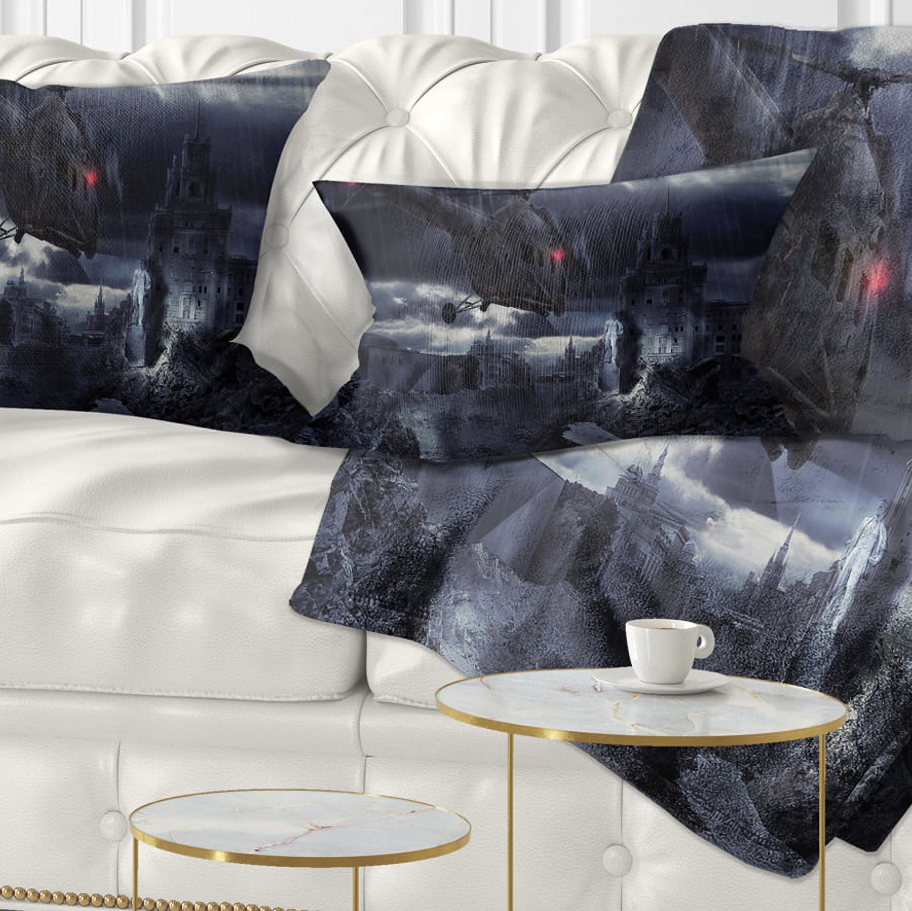 Designart Helicopter over Storm Ruined City - Photography Throw Pillow - 12x20