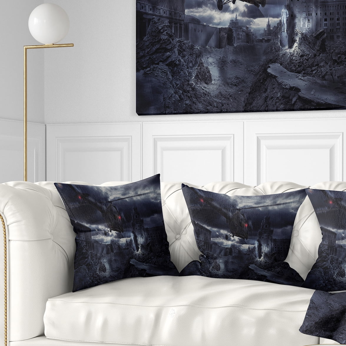 Designart Helicopter over Storm Ruined City - Photography Throw Pillow - 16x16