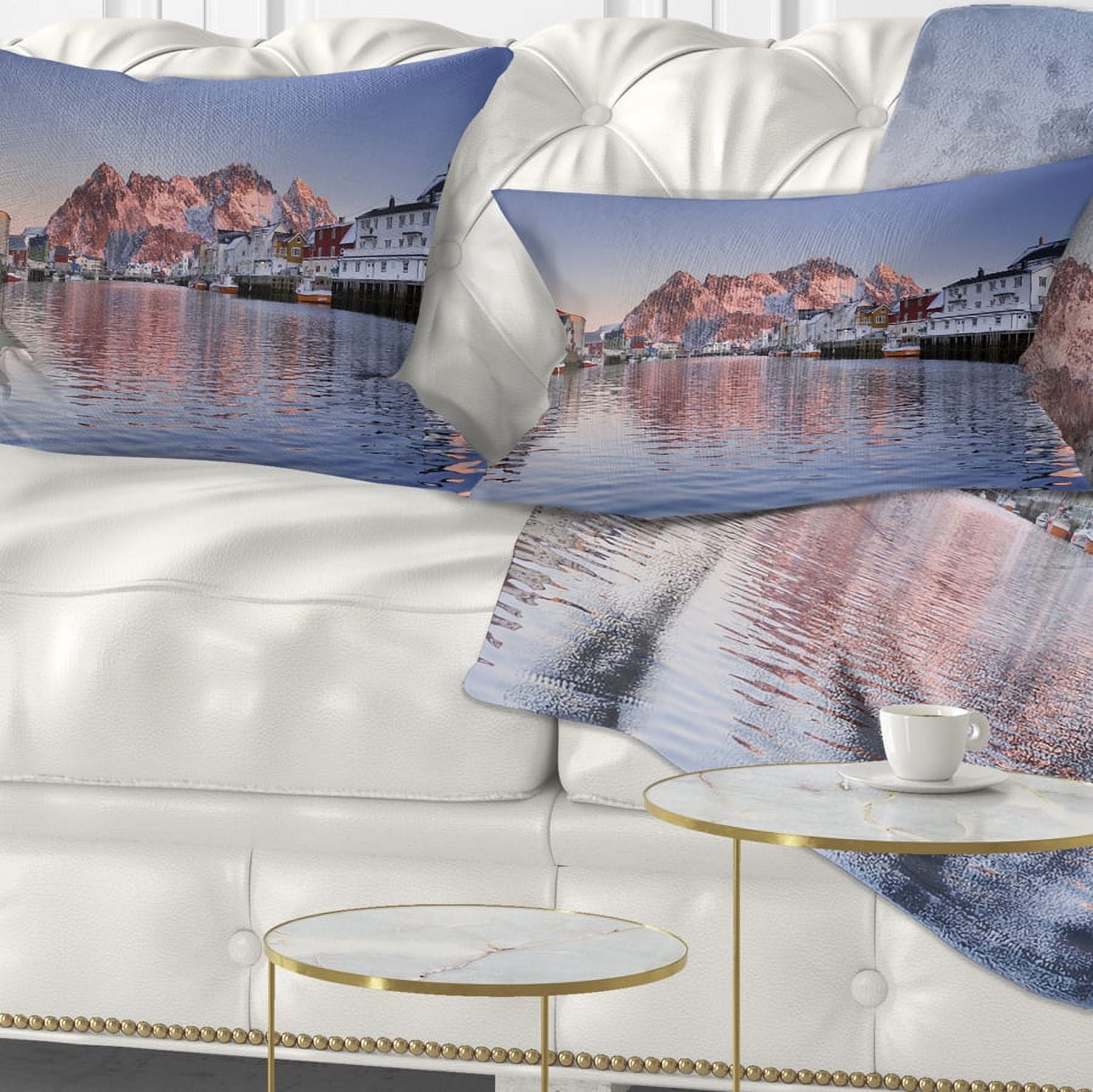 Designart Henningsvaer on the Lofoten Norway - Modern Landscape Printed Throw Pillow - 12x20