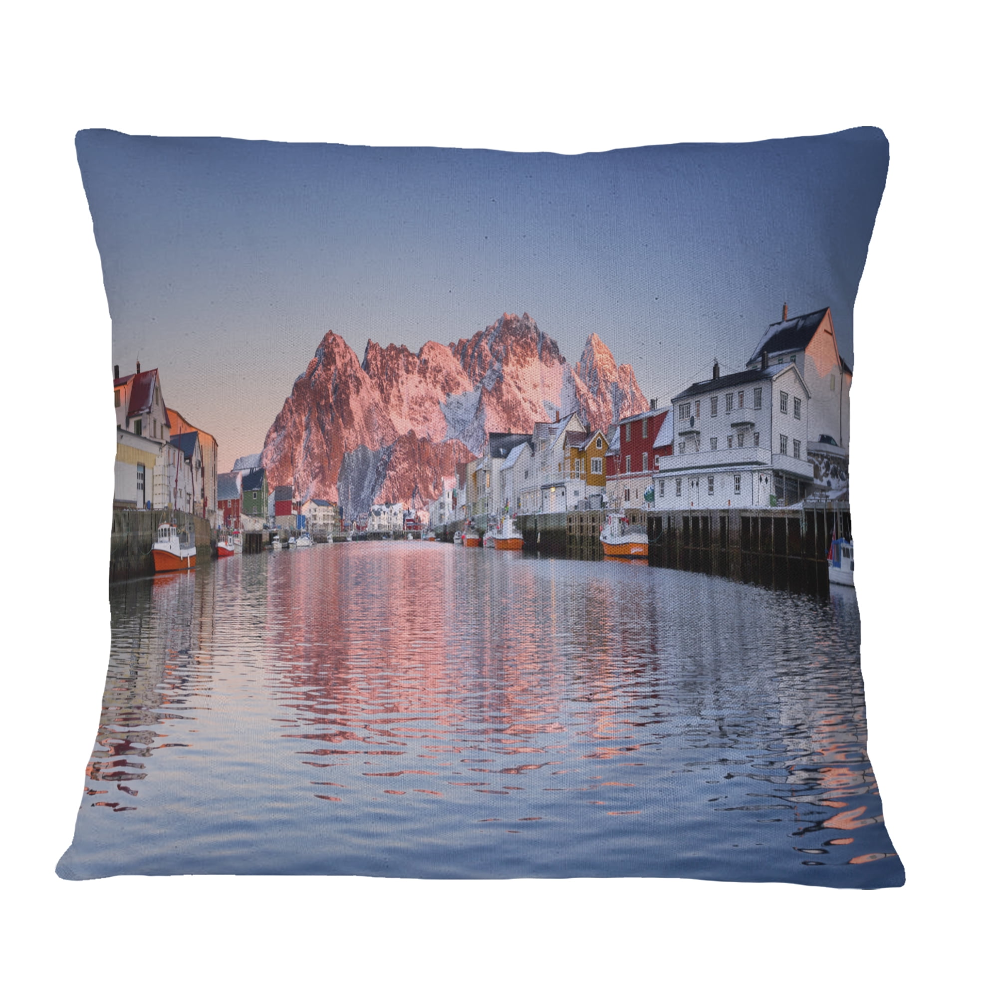 Designart Henningsvaer on the Lofoten Norway - Modern Landscape Printed Throw Pillow - 16x16