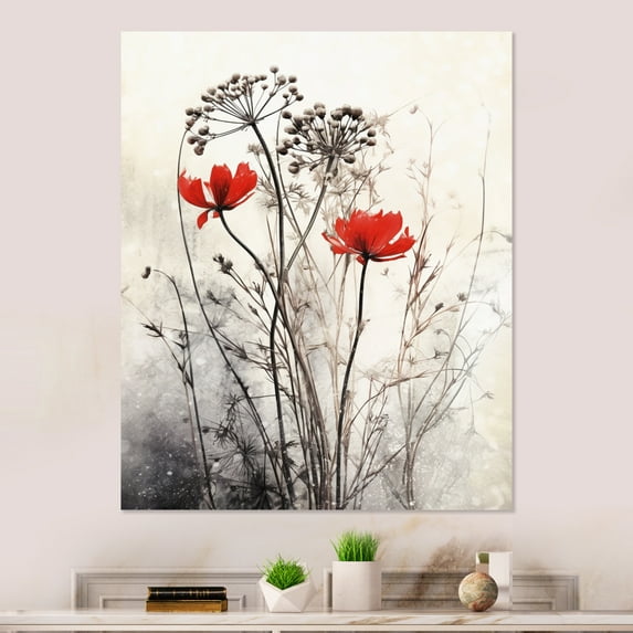 Designart "Herb Garden s Splendor in Red and Grey I" Herbs Metal Art Living Room