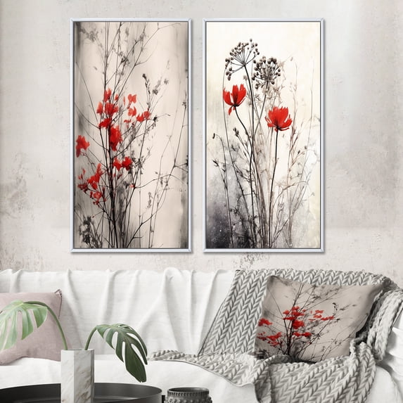 Designart "Herb Garden s Splendor in Red and Grey II" Floral Framed Wall Art Set Of 2 - Red Floral Framed Canvas Set For Living Room Decor