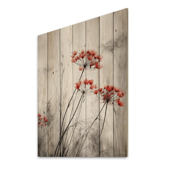 Designart "Herb Garden s Splendor in Red and Grey III" Floral Print on Natural Pine Wood